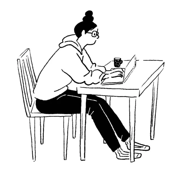 Vector line drawing of a laptop and a woman