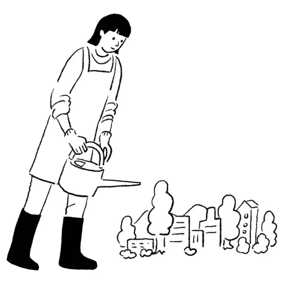 Vector line drawing of a woman watering