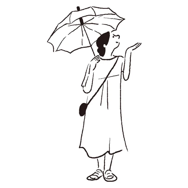 Vector Line Drawing Woman Umbrella Rain — Stock Vector