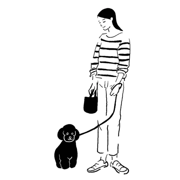 Line Drawing Vector Illustration Woman Walking Her Dog — Stock Vector