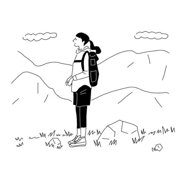 Dağa Tırmanan Bir Kadının Vektör Çizgisi — Stok Vektör