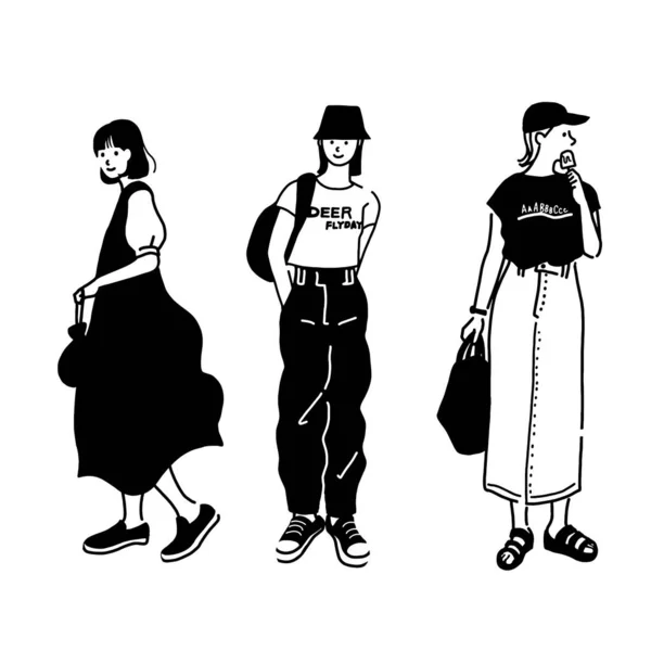 夏服のファッショナブルな女性のベクトル線画のセット — ストックベクタ