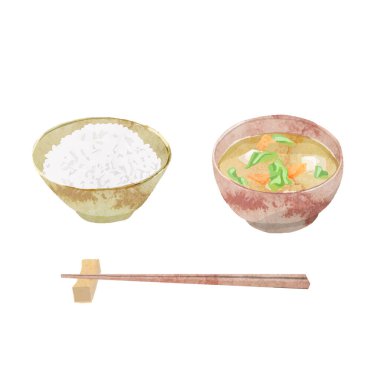 Pirinç ve miso çorbasının suluboya vektör çizimi