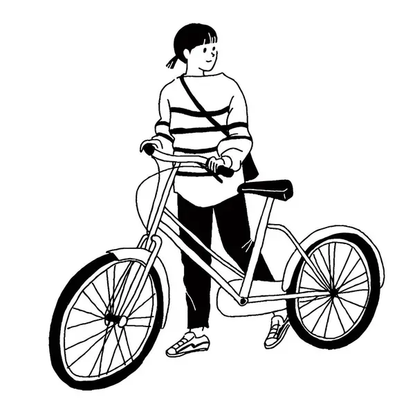 Bisikletli genç bir kadının çizim çizimi