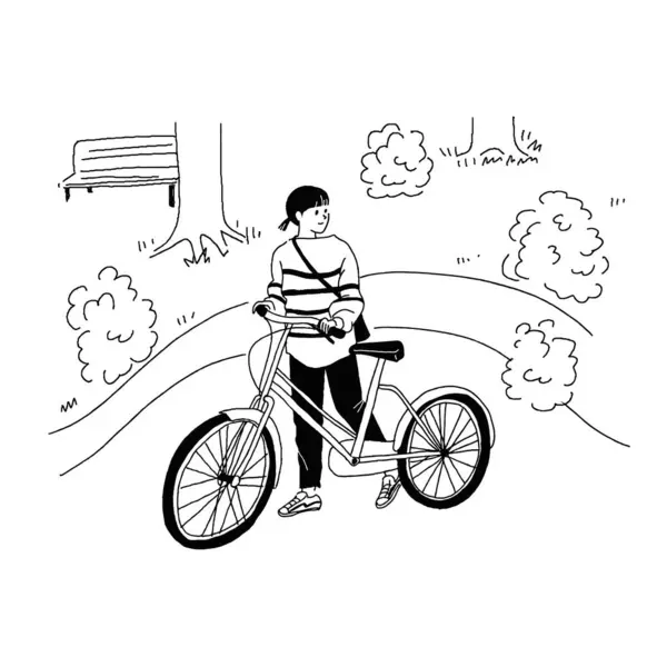 Linea Disegno Vettoriale Illustrazione Una Giovane Donna Con Una Bicicletta — Vettoriale Stock