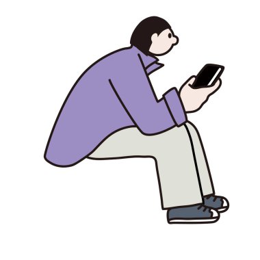 Cep telefonuna bakan bir kadının çizim vektörü