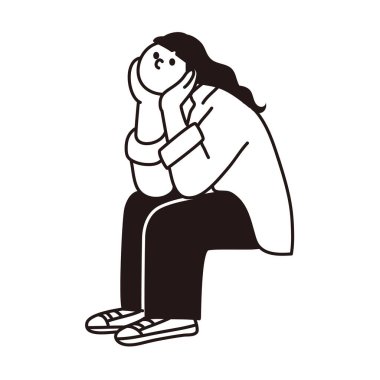 Oturan ve düşünen bir kadının çizim vektörü