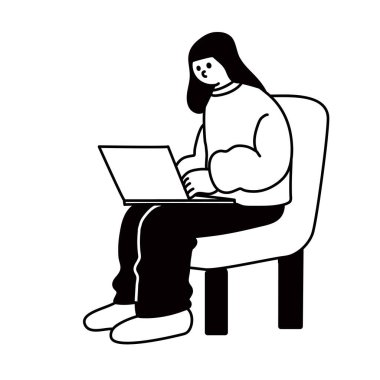 Sandalyede oturup bilgisayara bakan bir kadının çizgi çizimi.