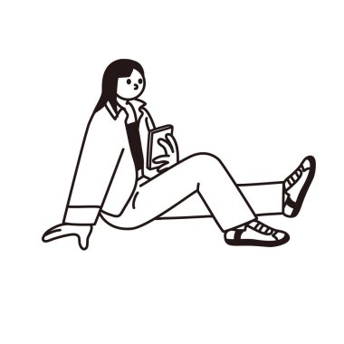 Oturan ve telefonuna bakan bir kadının çizim vektörü