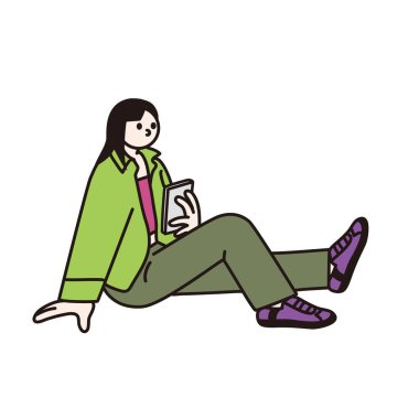 Oturan ve telefonuna bakan bir kadının çizim vektörü