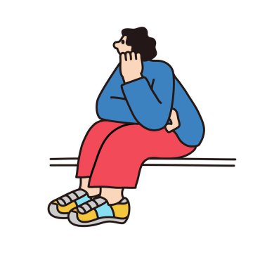 Kadın oturuyor ve düşünüyor, çizgi çizimi, vektör