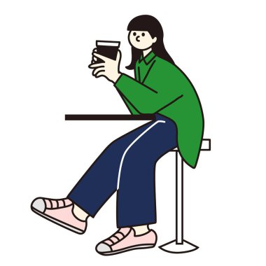 Oturan ve düşünen kadın kahve, çizgi çizimi, vektör