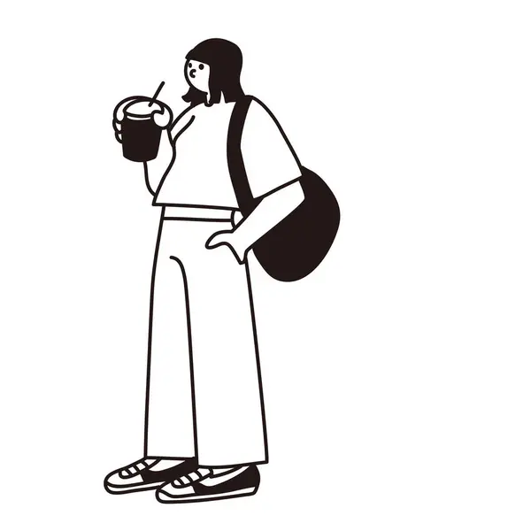 İçkiler, paket servis, kadın, tüm vücut, çizgi çizimi, vektör