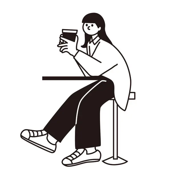 Oturan ve düşünen kadın kahve, çizgi çizimi, vektör