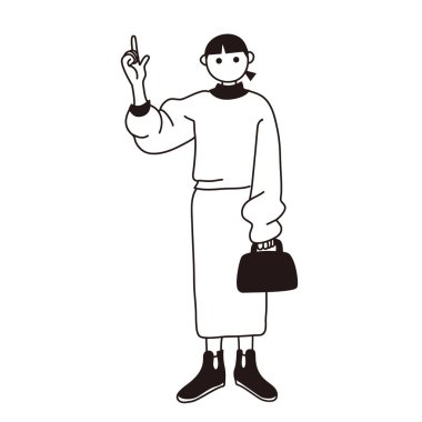 Genç bir kadının parmağını gösteren vektör çizgisi.