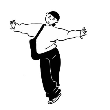 Siyah takım elbiseli genç bir adamın dans edişinin siyah beyaz çizimi