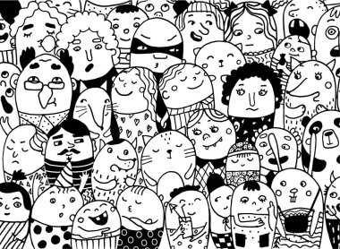 Black and white doodle style illustration with face symbols