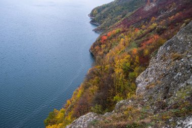 Arka planda bir göl olan sonbahar manzarası