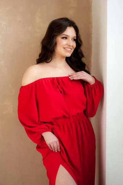 Schöne Lächelnde Frau Langen Roten Kleid Sinnlich Posiert — Stockfoto