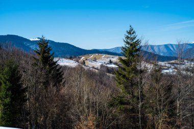 Baharın başlarında dağlarda. Karlı tepe ve kozalaklı orman