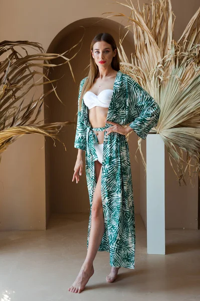 Beautiful Young Woman Linen Dress Posing Studio — Foto Stock