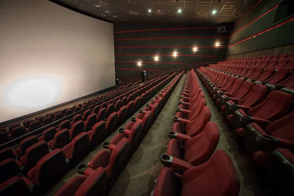 Empty Cinema Hall Red Seats Large Window — Stock Photo, Image