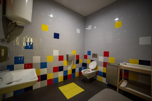 stock image interior of a modern bathroom with a large window