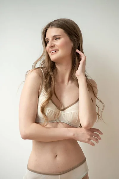 Beautiful Young Woman Underwear Posing White Background — Fotografia de Stock