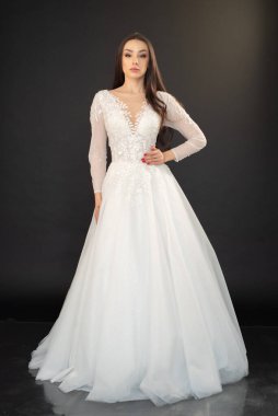 the beautiful woman posing in a wedding dress 