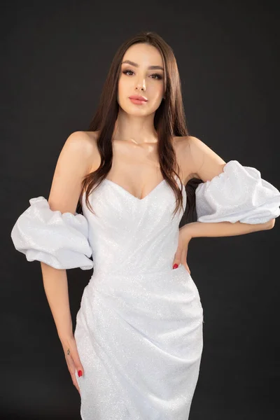 Beautiful Brunette Woman Posing Light Dress Gray Background — Stock Photo, Image
