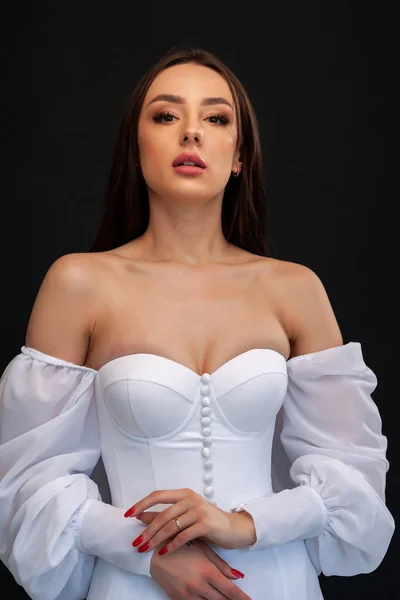 Porträt Der Schönen Sexy Frau Mit Make Weißem Kleid Mode — Stockfoto