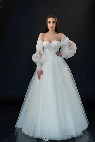 Bride Posing Wedding Dress Black Background — Stock Photo, Image