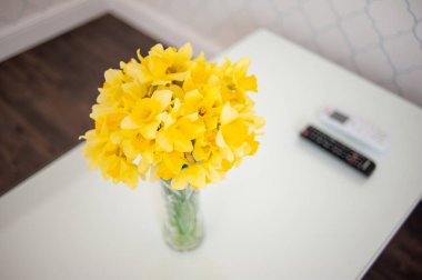 Beyaz arkaplanda vazoda sarı çiçekler