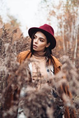 Güz parkında şapkalı güzel bir kadın. 