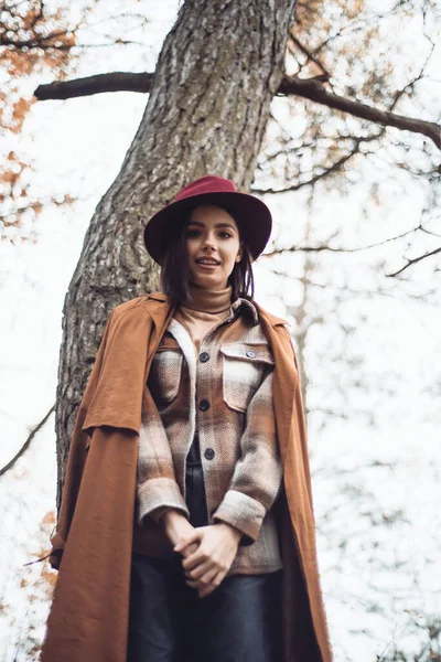 帽子とコートを被った若い女性が秋の森の中を歩き — ストック写真