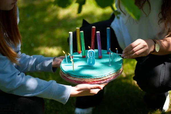 Tort Urodzinowy Dla Dzieci Świecami Świecami — Zdjęcie stockowe