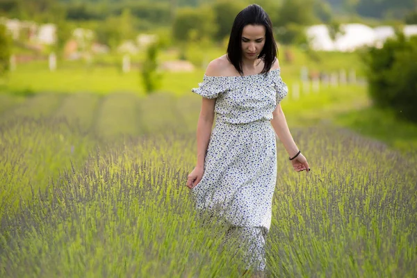 Schöne Brünette Frau Einem Weißen Kleid Einem Grünen Feld — Stockfoto