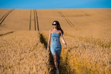 Buğday tarlasında güzel bir kız.