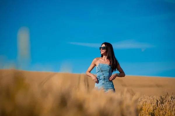 Jovem Mulher Vestido Azul Com Trigo Fundo Campo — Fotografia de Stock