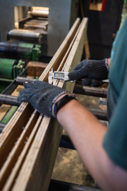 Marangoz bir testereyle odun kesiyor.