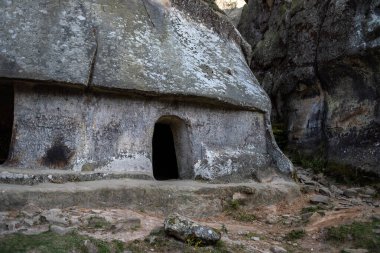 Dağlardaki kayalar. Mavi gökyüzü ve ağaçlar