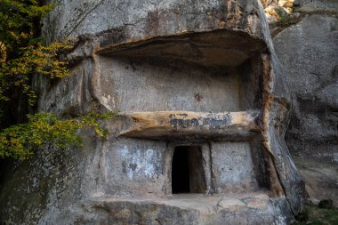 Dağlardaki kayalar. Mavi gökyüzü ve ağaçlar