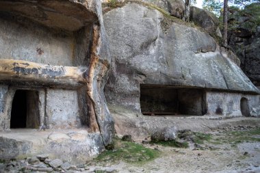 Dağlardaki kayalar. Mavi gökyüzü ve ağaçlar