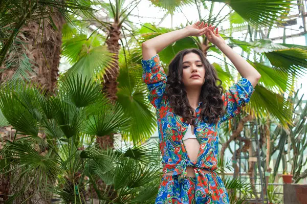 stock image Beautiful young woman wearing summer clothes on tropical resort