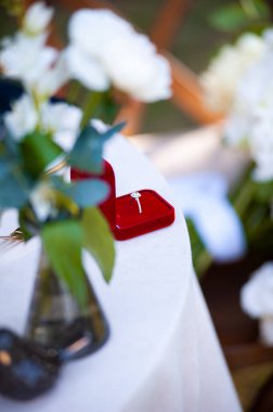 Alyanslar ve masada kırmızı gül.