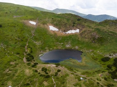 Göl ve yeşil çimlerle güzel bir manzara.