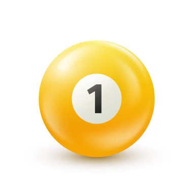 Bilardo, sarı bilardo topu ve beyaz arka planda 1.Snooker ya da piyango topu.
