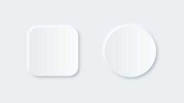 Neumorfizm yuvarlak ve kare düğme tasarımı. Vektör beyaz kağıt çerçeveler. Tasarımınız için boş etiketler, pankartlar, simgeler veya çıkartmalar