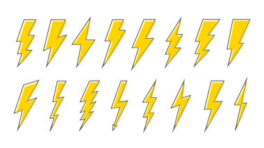 Lightning icons vector set. Thunder and Bolt. Flash icon. Lightning bolt yellow silhouette with black frame in cartoon style