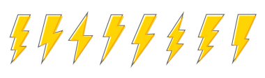 Lightning icons vector set. Thunder flash icon. Lightning bolt yellow silhouette with black frame in cartoon style